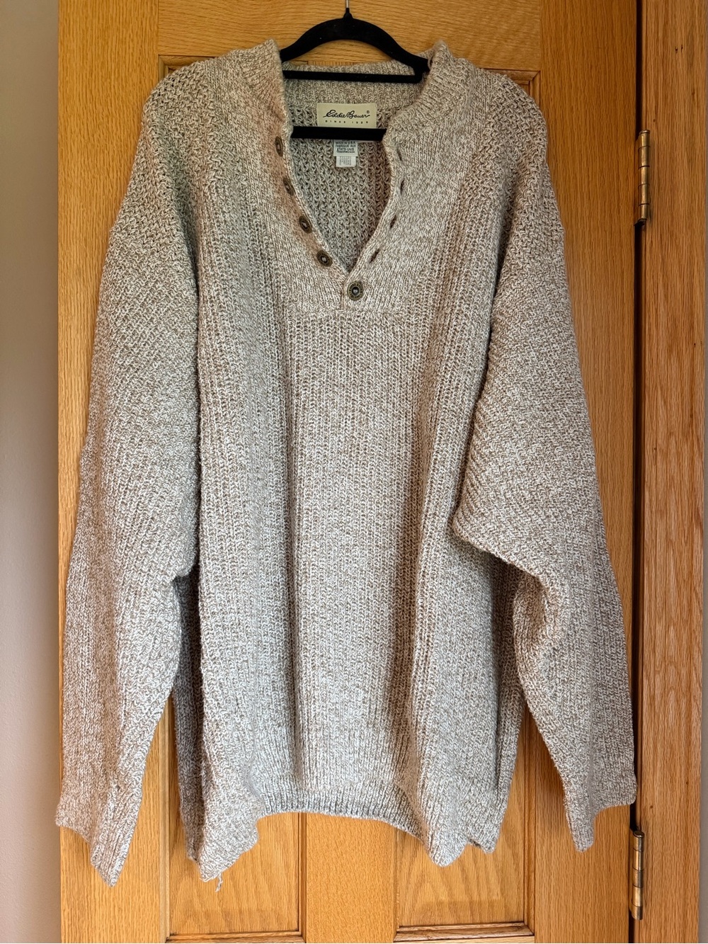 Vtg Eddie Bauer Henley Sweater XL Chunky Knit Cotton Made in USA Oatmeal